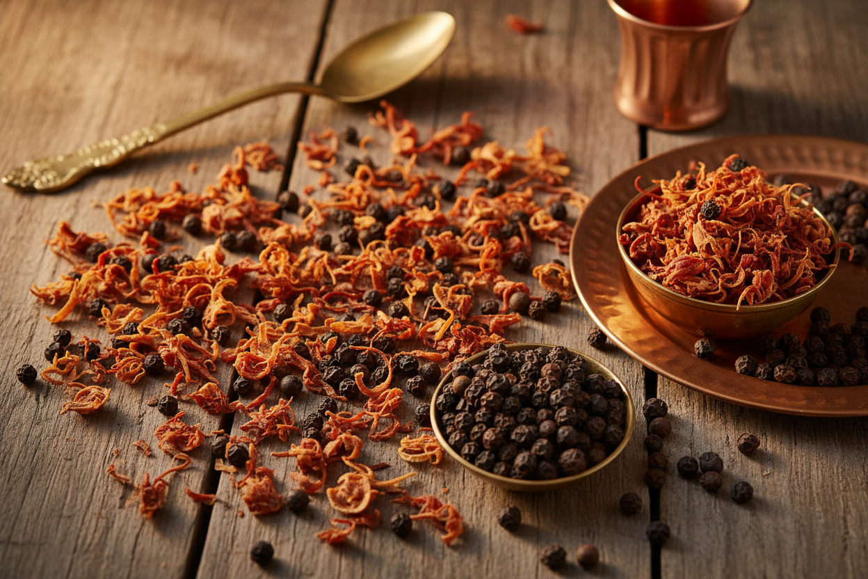 Mace and black pepper spices like in an indian photo shoot